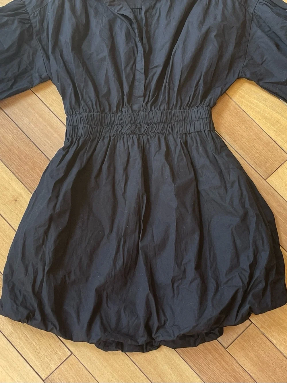 Free People Black Bubble Hem Mini Dress Smocked Waist Collared Cotton Size Small